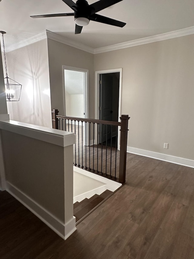 292 Quebeck Rd, Quebeck, TN 38579 - stairway with baseboards, ornamental molding, a ceiling fan, and wood finished floors