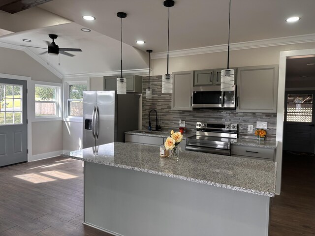 292 Quebeck Rd, Quebeck, TN 38579 - kitchen featuring ceiling fan, backsplash, ornamental molding, gray cabinetry, and appliances with stainless steel finishes
