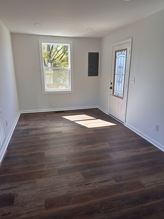 entryway with electric panel and dark wood-type flooring