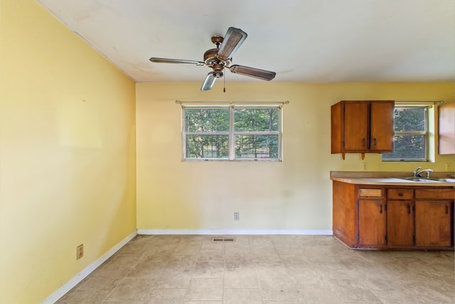 kitchen featuring ceiling fan and sink