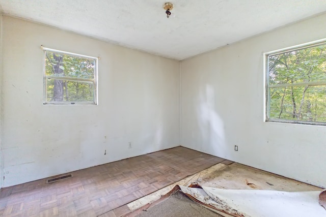 empty room featuring a wealth of natural light and parquet flooring