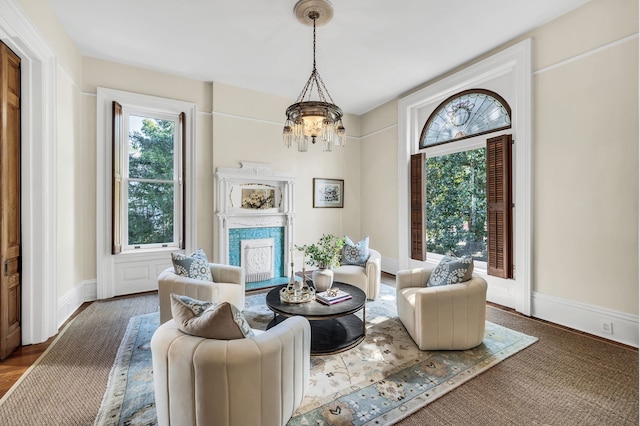 living area with a chandelier