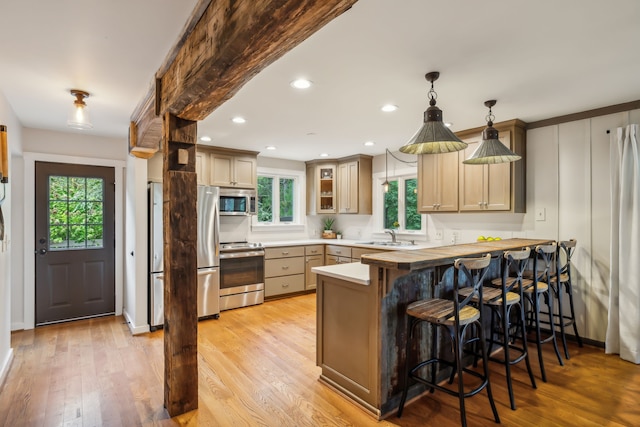 kitchen with a kitchen breakfast bar, stainless steel appliances, kitchen peninsula, and plenty of natural light