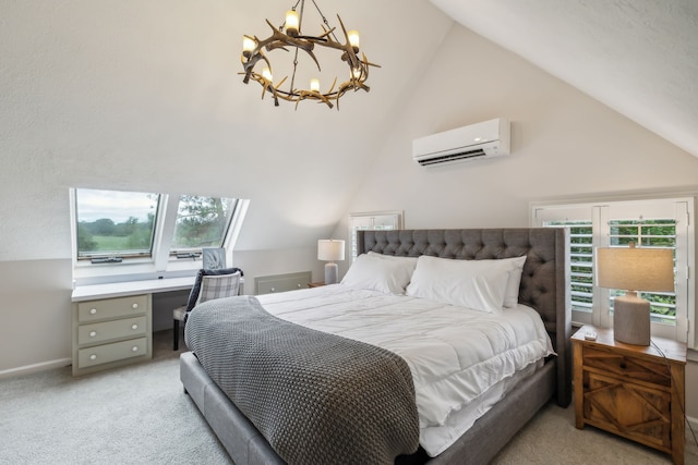 carpeted bedroom featuring a chandelier, vaulted ceiling, multiple windows, and an AC wall unit