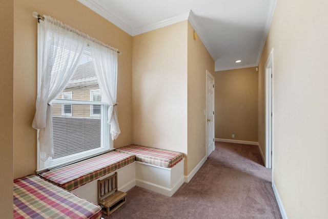 unfurnished room featuring light carpet and crown molding