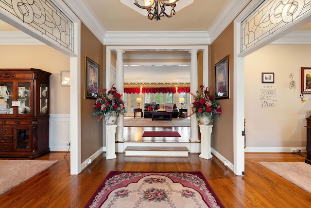 hallway featuring dark hardwood / wood-style floors and crown molding