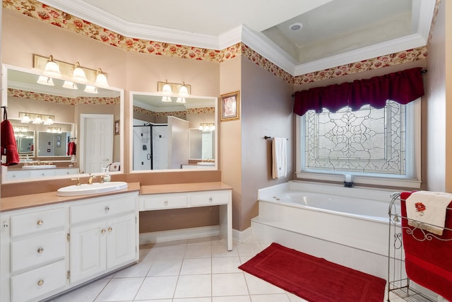 bathroom featuring vanity, shower with separate bathtub, tile patterned floors, and ornamental molding