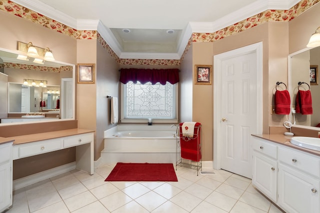 bathroom featuring a tub, vanity, tile patterned floors, and crown molding