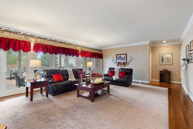 living room with hardwood / wood-style floors and crown molding