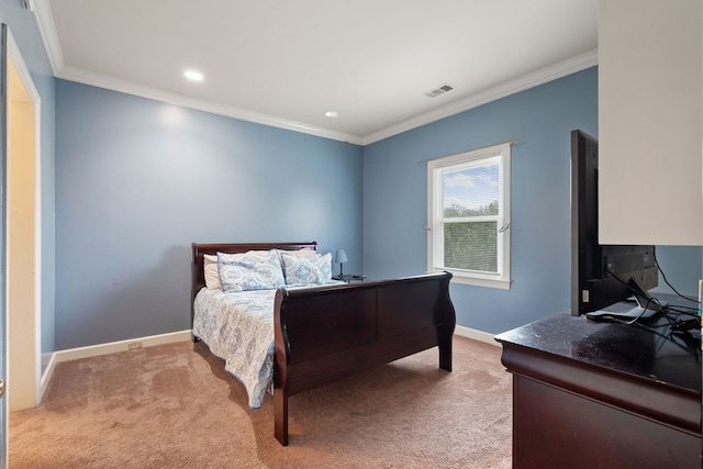 carpeted bedroom featuring ornamental molding