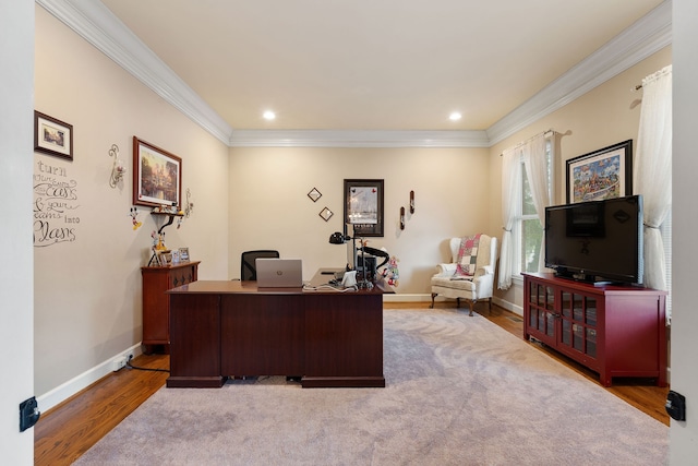 office featuring wood-type flooring and crown molding