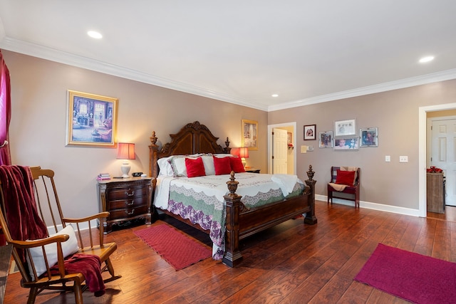 bedroom with dark hardwood / wood-style flooring and ornamental molding