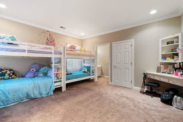 carpeted bedroom featuring ornamental molding