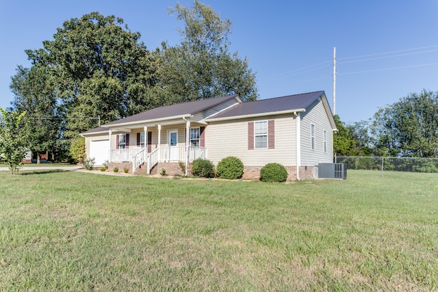 single story home with cooling unit, a front lawn, and a porch