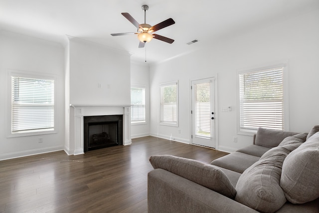 living room with dark hardwood / wood-style floors, crown molding, and ceiling fan