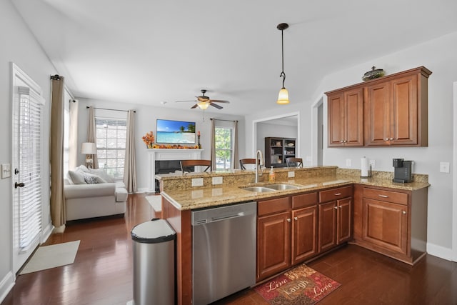 kitchen with dishwasher, sink, dark hardwood / wood-style flooring, and a healthy amount of sunlight