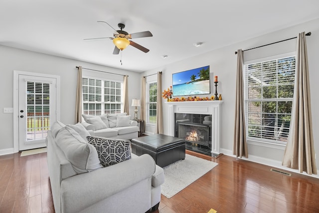 living room featuring ceiling fan and wood-type flooring