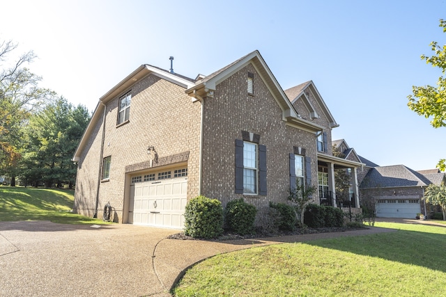 view of property exterior featuring a yard and a garage