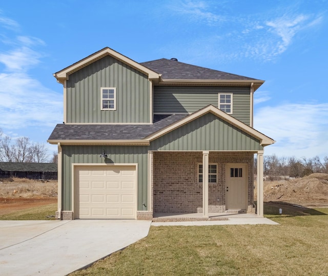 view of front of home with a garage, brick siding, covered porch, and a shingled roof