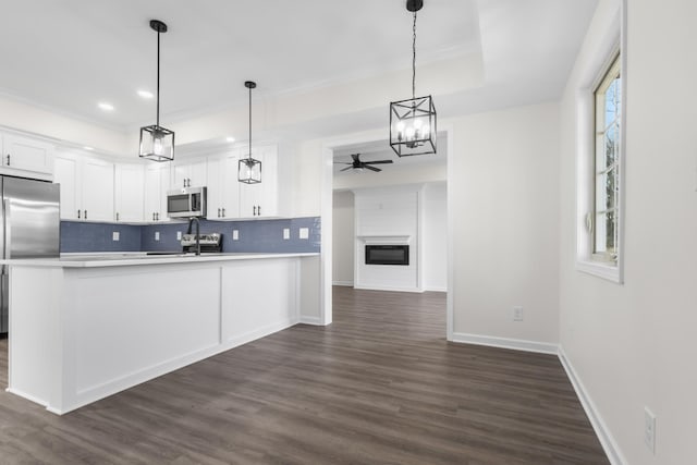 kitchen featuring a fireplace, open floor plan, appliances with stainless steel finishes, white cabinetry, and tasteful backsplash