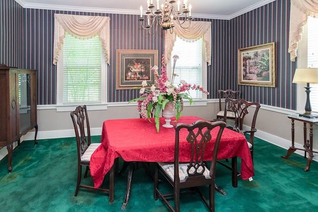 dining area featuring carpet flooring, an inviting chandelier, and ornamental molding