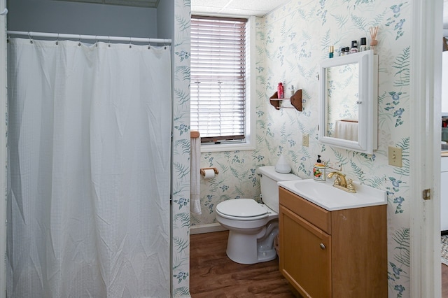 bathroom featuring toilet, vanity, and hardwood / wood-style flooring