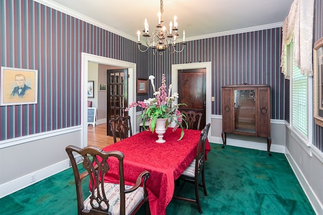 carpeted dining room featuring an inviting chandelier and crown molding