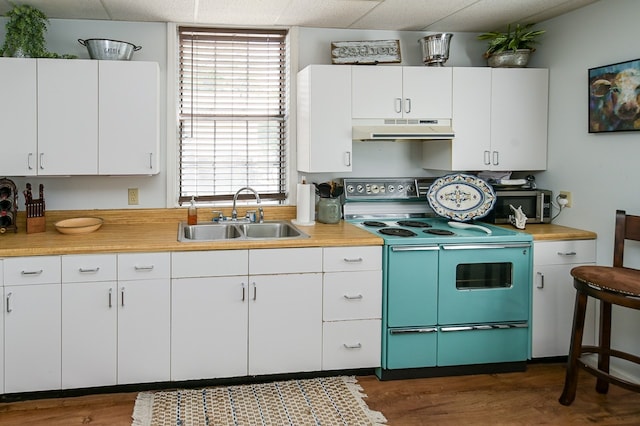 kitchen with white cabinetry, a paneled ceiling, electric range, and sink