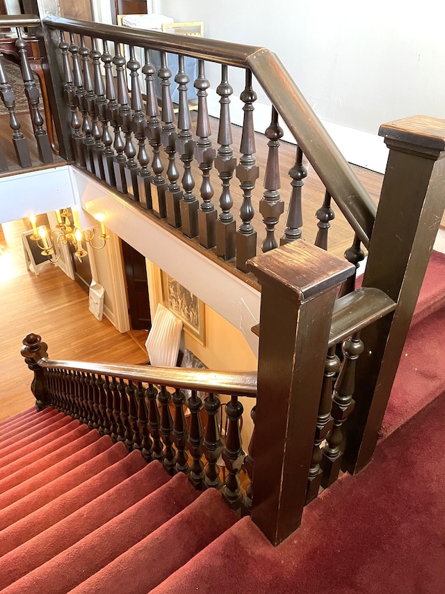 stairway with hardwood / wood-style floors