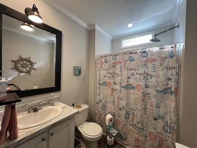 bathroom with crown molding, vanity, toilet, and a shower with shower curtain