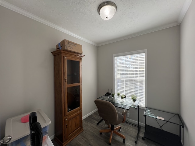 office featuring ornamental molding, dark wood-type flooring, and a textured ceiling