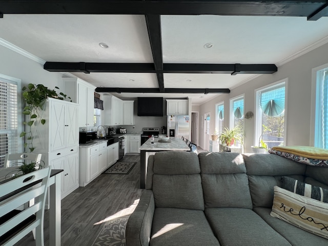 living room with ornamental molding, beam ceiling, sink, and dark hardwood / wood-style flooring