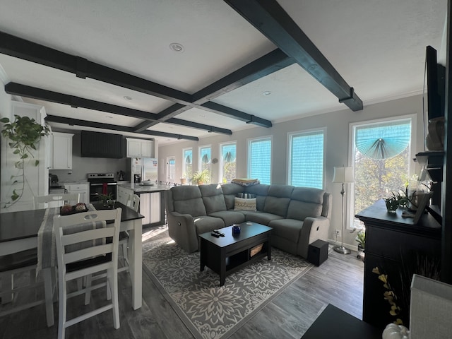 living room with wood-type flooring, ornamental molding, beam ceiling, and coffered ceiling