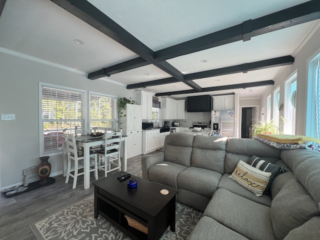 living room featuring beamed ceiling, crown molding, dark hardwood / wood-style flooring, and sink