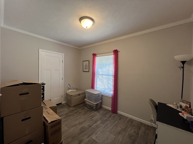 office with a textured ceiling, crown molding, and dark hardwood / wood-style flooring