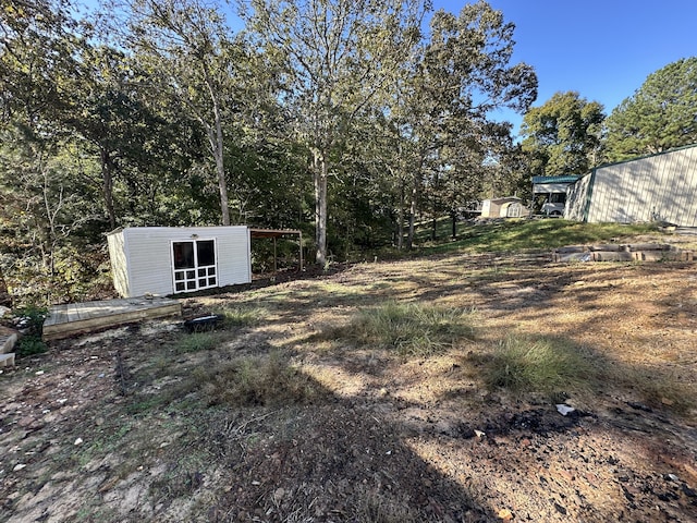 view of yard with a shed