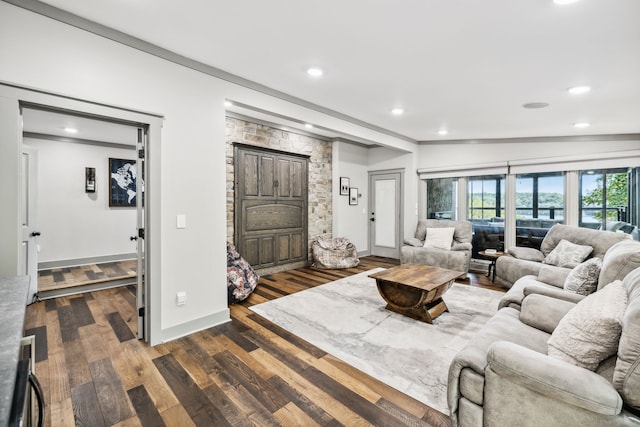 living room with ornamental molding, lofted ceiling, and dark hardwood / wood-style flooring