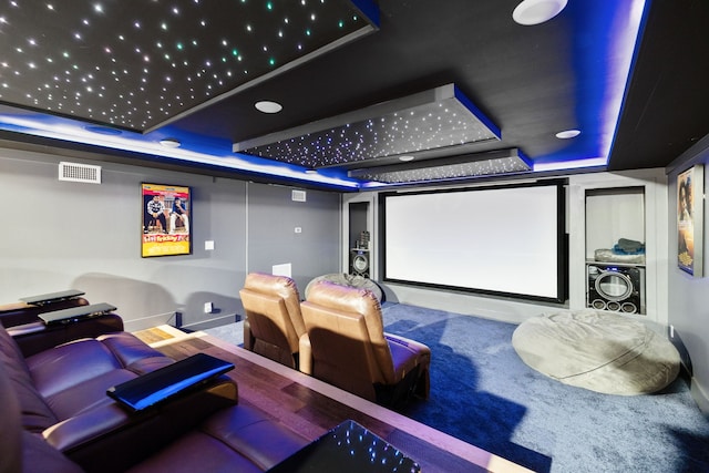 home theater with a tray ceiling