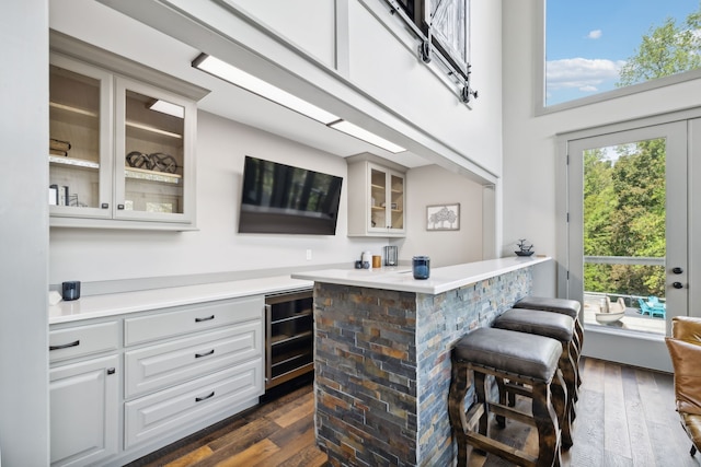 bar featuring beverage cooler and dark hardwood / wood-style flooring