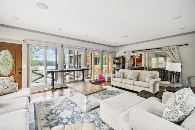 living room featuring wood-type flooring and ornamental molding