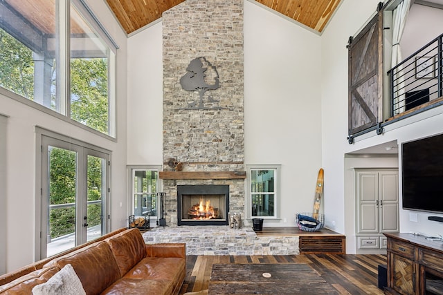 living room featuring a healthy amount of sunlight, high vaulted ceiling, and wooden ceiling