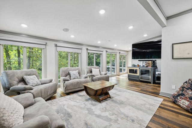 living room with wine cooler, dark hardwood / wood-style floors, bar, and a wealth of natural light