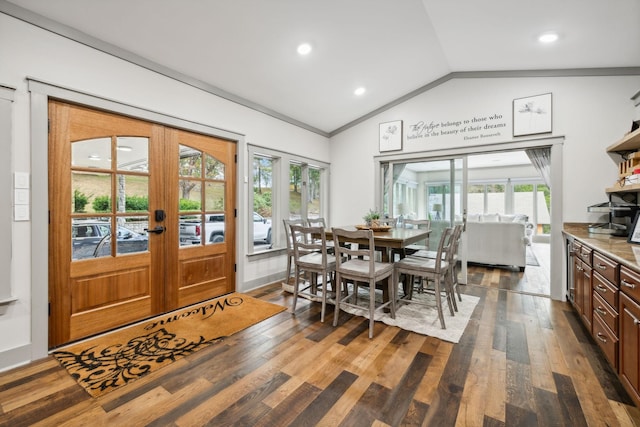 1657 Boswell Rd, Winchester, TN 37398 - dining space featuring vaulted ceiling, french doors, wood finished floors, crown molding, and recessed lighting