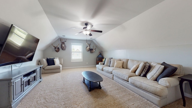 living room with lofted ceiling, light colored carpet, and ceiling fan