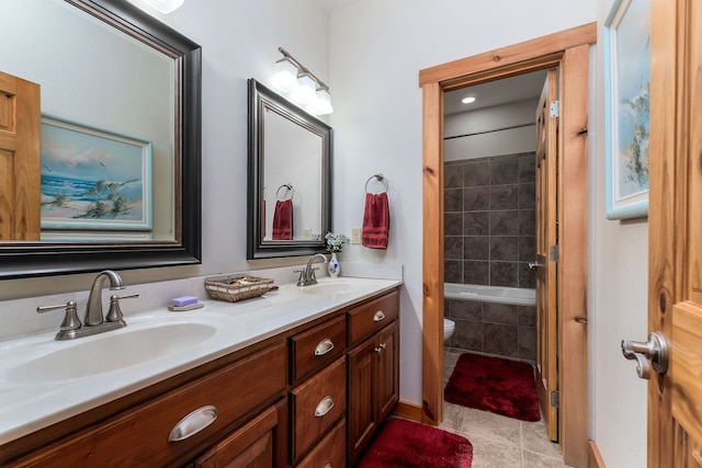 full bathroom with toilet, shower / tub combo, tile patterned flooring, and vanity