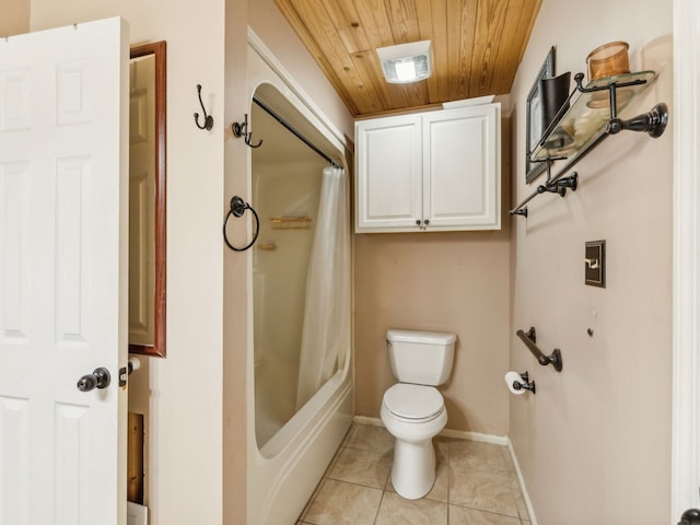 bathroom featuring toilet, shower / bath combo with shower curtain, wooden ceiling, and tile patterned flooring