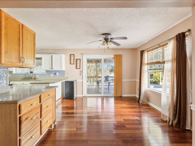 kitchen featuring light stone countertops, ceiling fan, white cabinets, dark wood-type flooring, and decorative backsplash