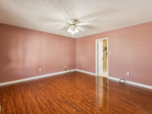 unfurnished room with a textured ceiling, hardwood / wood-style flooring, and ceiling fan