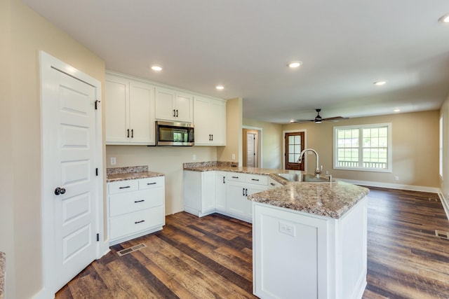 10890 Minor Hill Hwy, Goodspring, TN 38460 - kitchen with stainless steel microwave, a sink, a peninsula, dark wood finished floors, and recessed lighting