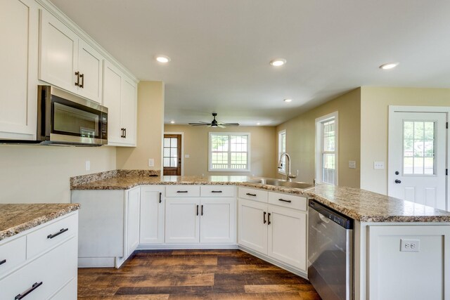 10890 Minor Hill Hwy, Goodspring, TN 38460 - kitchen featuring stainless steel appliances, a sink, dark wood-style floors, recessed lighting, and a ceiling fan